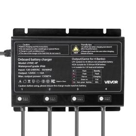 VEVOR Marine Battery Charger, 4-Bank, 10A 12V Onboard Boat Charger, IP68 Waterproof Smart On-Board Battery Charger, for Lithium-Ion (LiFePO4), NC