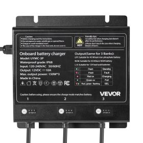 VEVOR Marine Battery Charger, 3-Bank, 10A 12V Onboard Boat Charger, IP68 Waterproof Smart On-Board Battery Charger, for Lithium-Ion (LiFePO4), NC